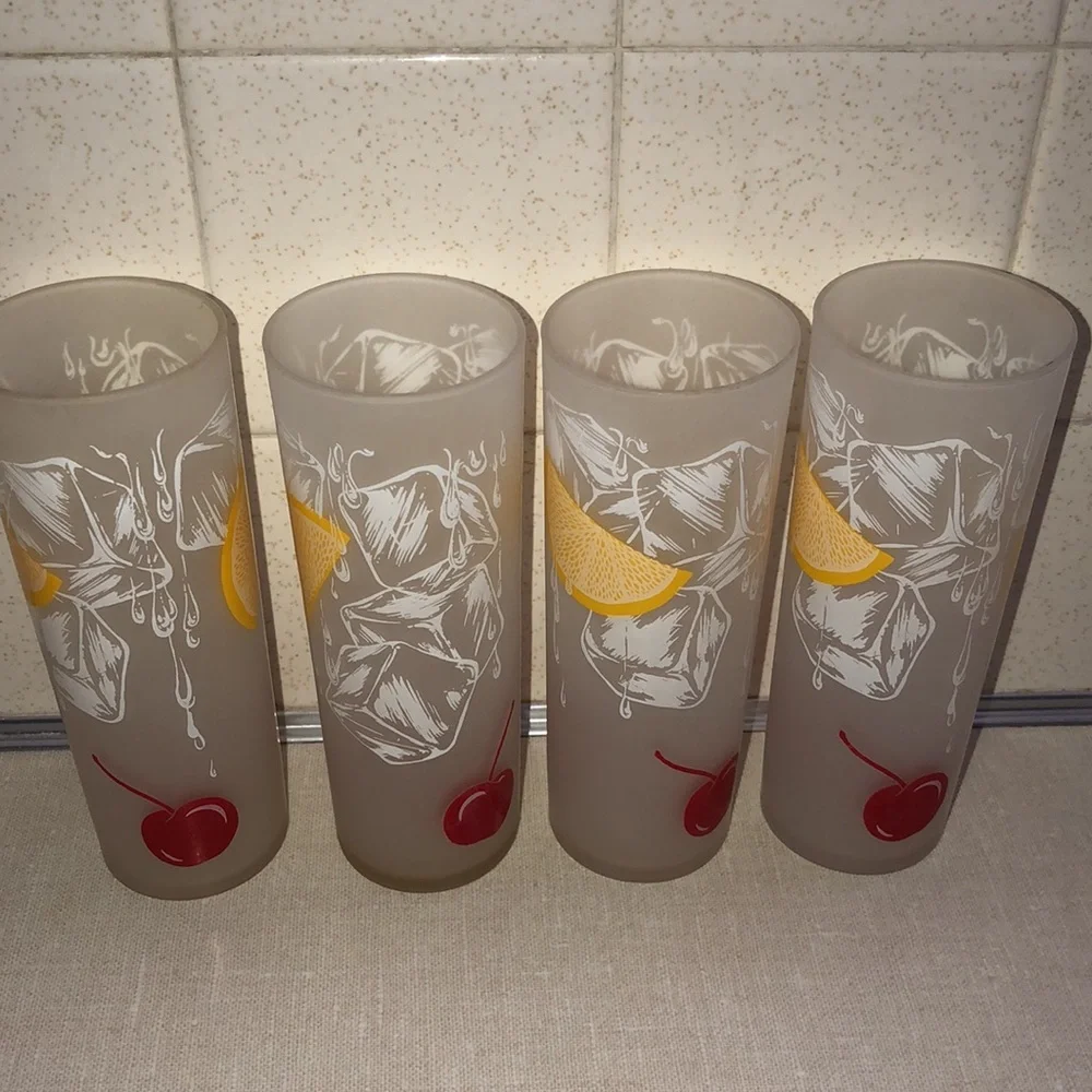 VINTAGE TOM COLLINS FROSTED SLIM TALL LEMON & CHERRY SET‎ OF 4 GLASSES